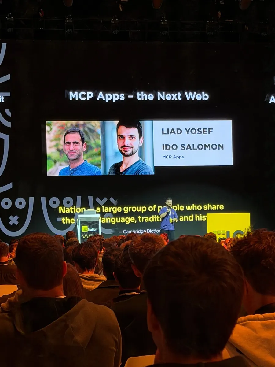 Liad Yosef and Ido Salomon on stage presenting MCP Apps — the Next Web at JSNation 2026