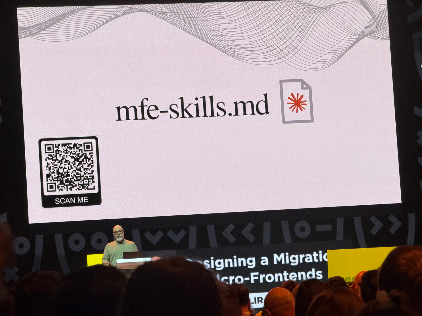 Luca Mezzalira presenting mfe-skills.md during Designing a Migration to Micro-Frontends