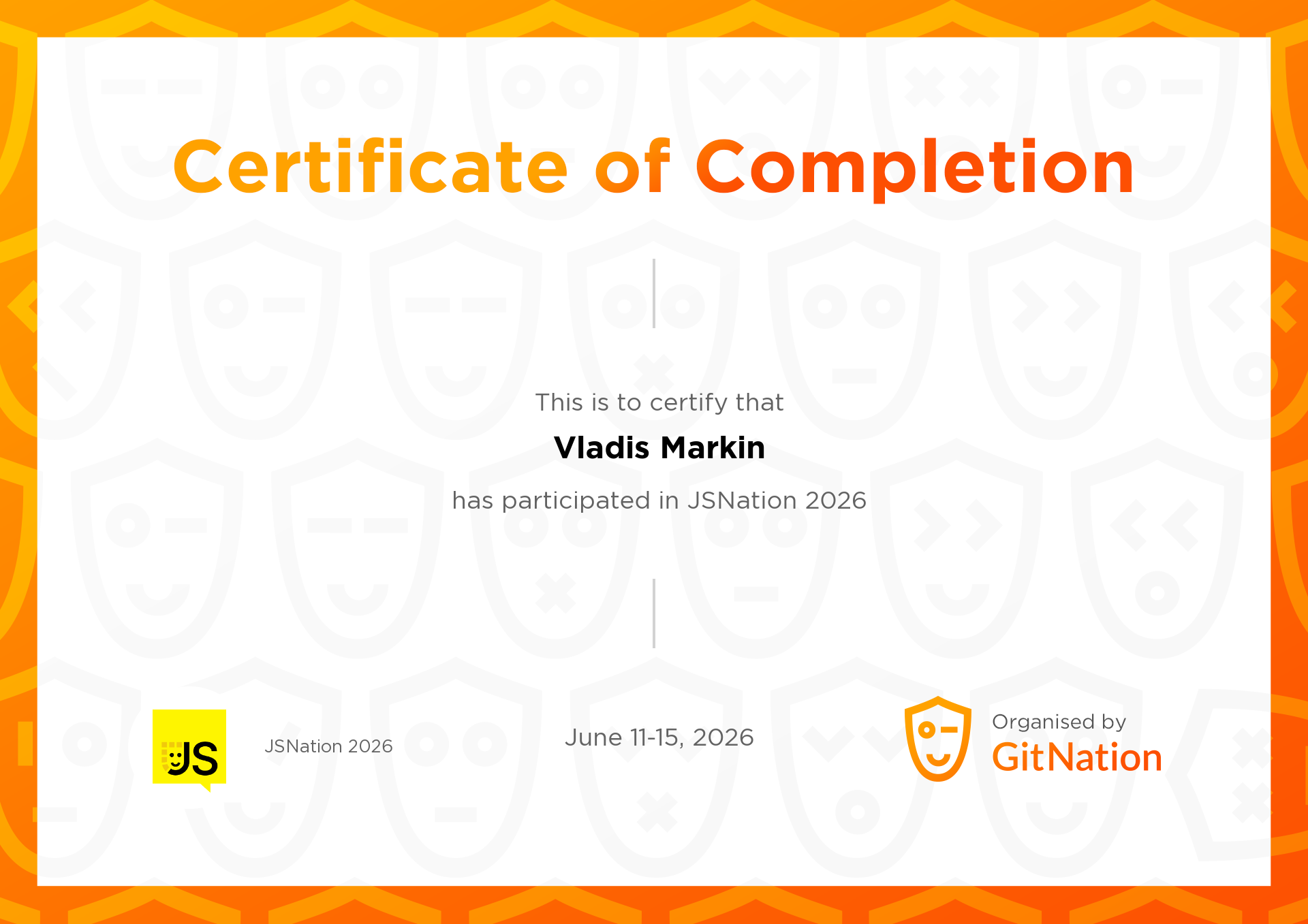 Certificate of Completion — JSNation 2026, issued by GitNation to Vladis Markin