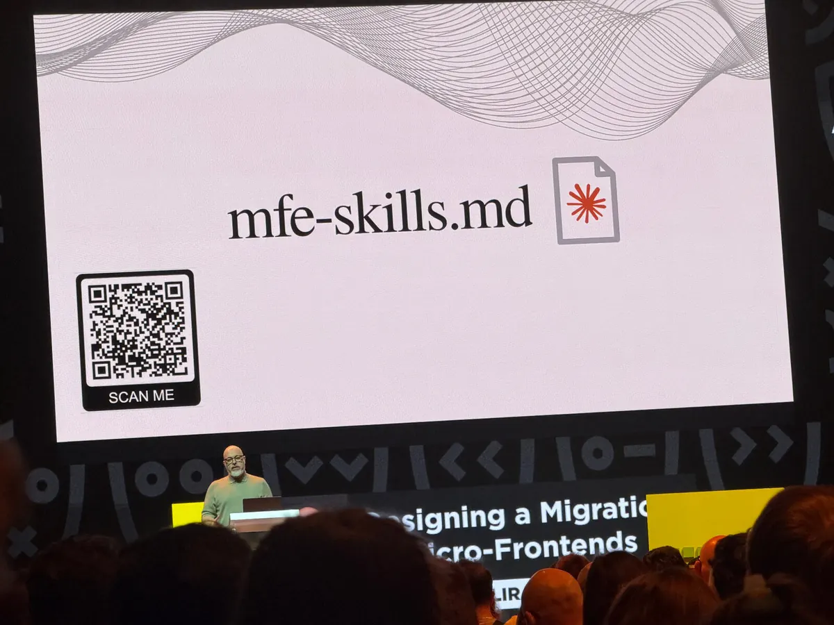 Luca Mezzalira presenting mfe-skills.md during Designing a Migration to Micro-Frontends